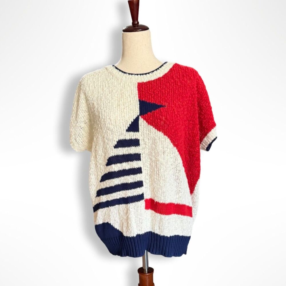 VTG 80s Objectives Short-Sleeve Loose Knit Nautical Sailboat Sweater, L, Costal
